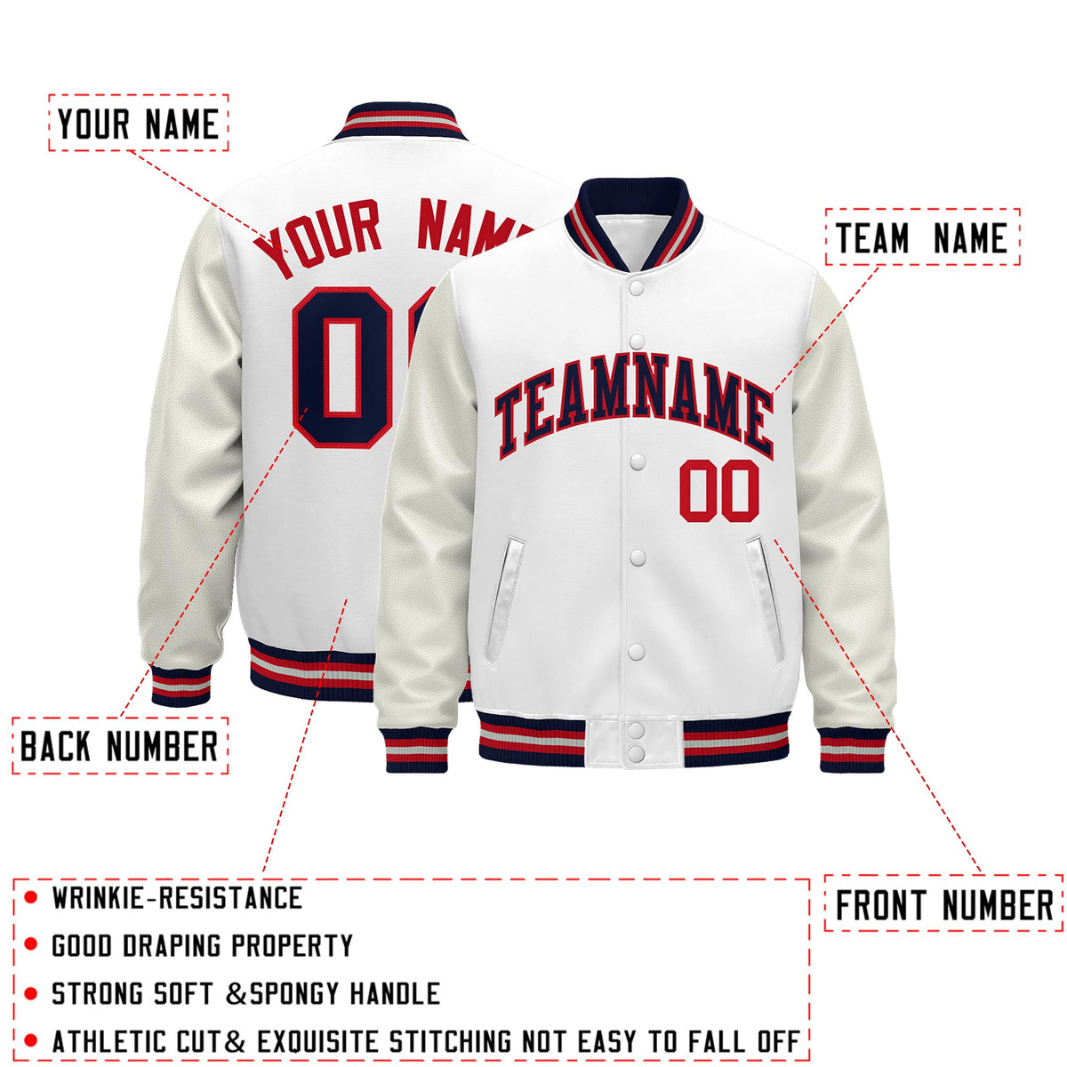 Custom White Navy Red Classic Style Leather Sleeves Wrinkle-Resistant Jacket| KXKSHOP