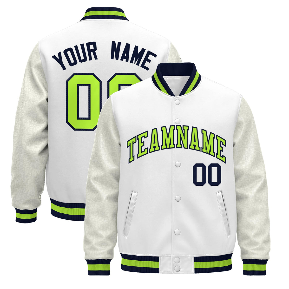 Custom White Navy Neon Green Jacket - Classic Style Leather Sleeves Wrinkle-Resistant