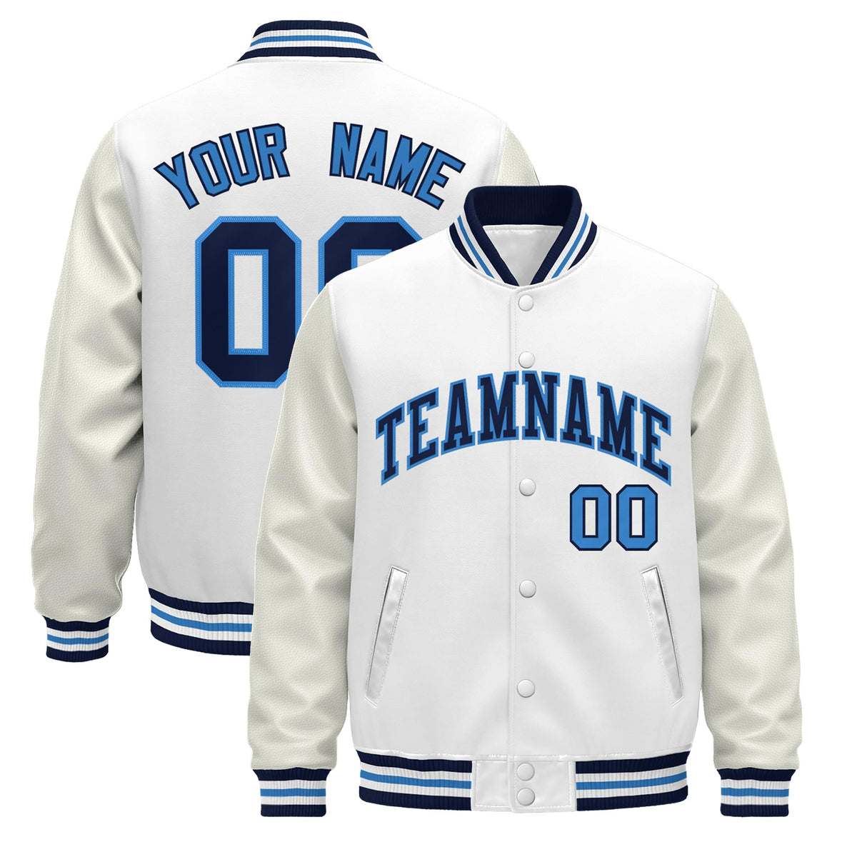 Custom White Navy Powder Blue Jacket - Classic Style Leather Sleeves Wrinkle-Resistant