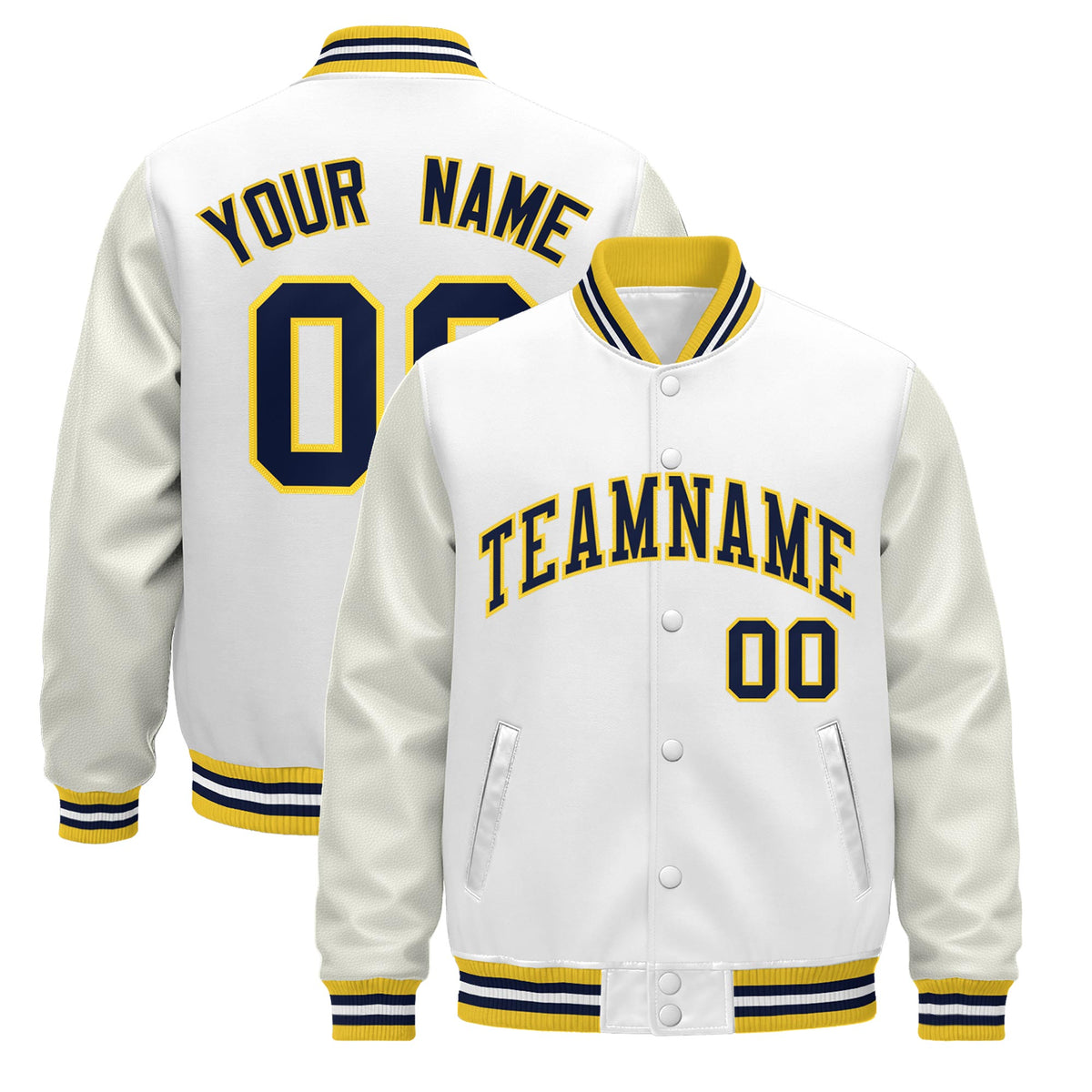 Custom White Gold Navy Jacket - Classic Style Leather Sleeves Wrinkle-Resistant