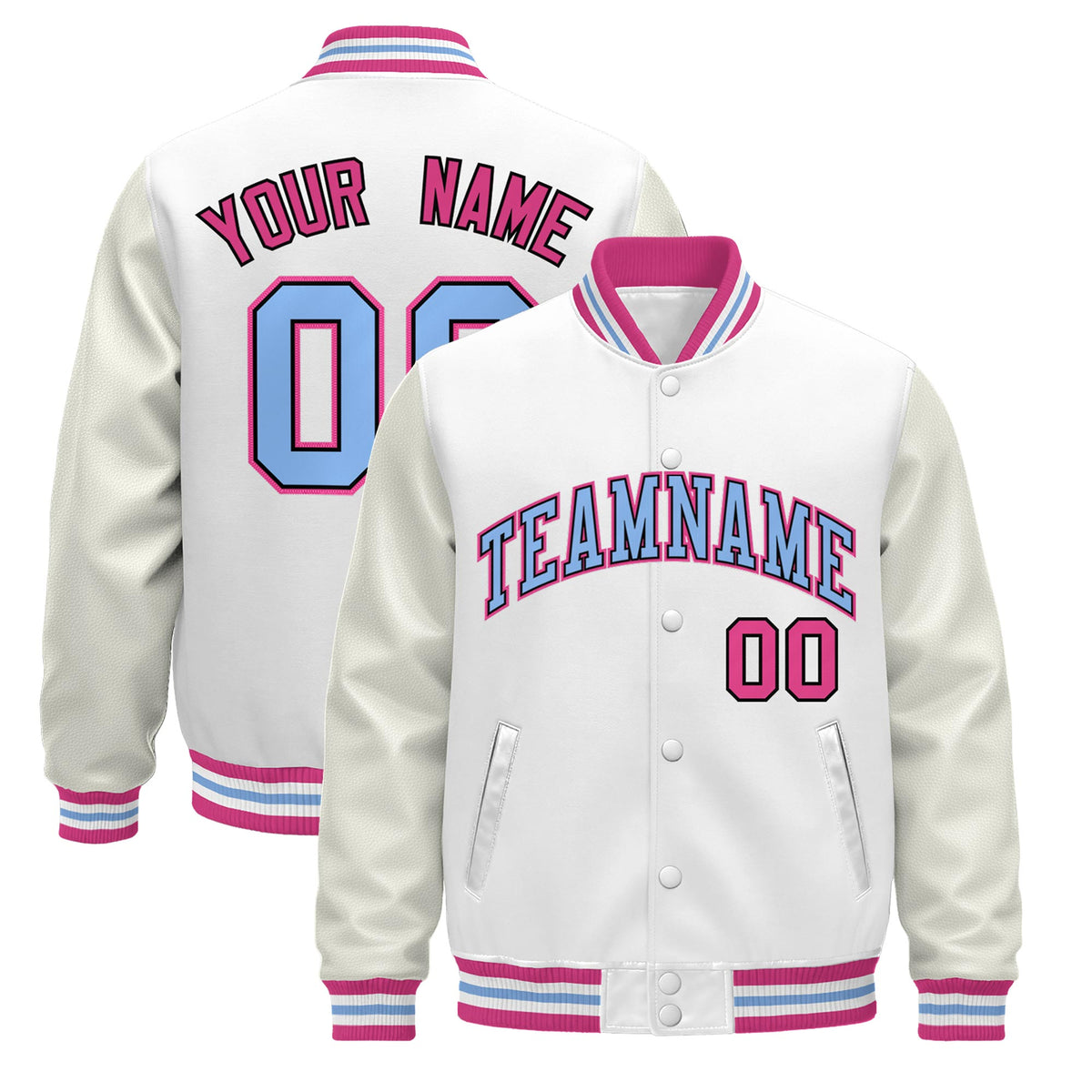 Custom White Pink Light Blue Jacket - Classic Style Leather Sleeves Wrinkle-Resistant