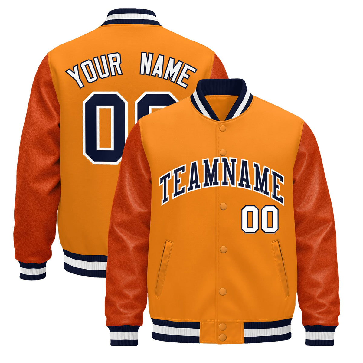 Custom Orange Navy White Jacket - Classic Style Leather Sleeves Wrinkle-Resistant