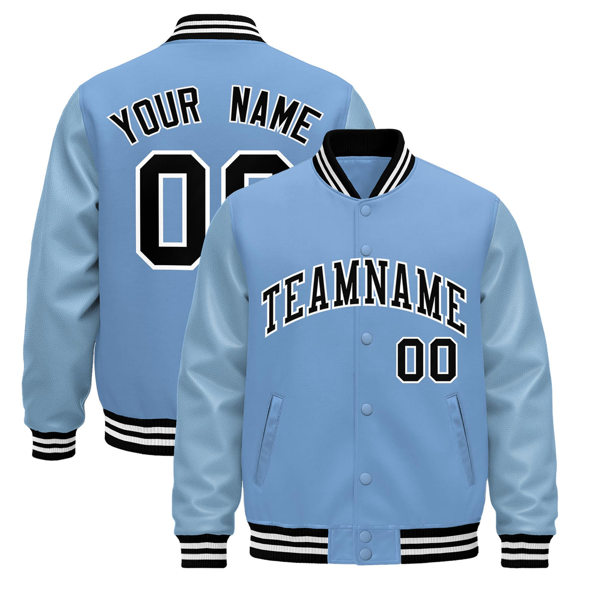 Custom Powder Blue Black White Jacket - Classic Style Leather Sleeves Wrinkle-Resistant