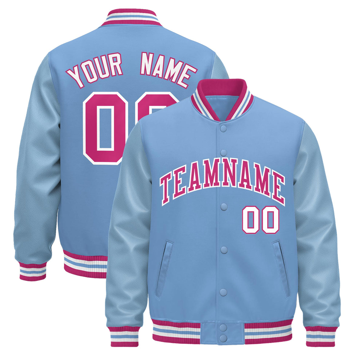 Custom Powder Blue Pink White Jacket - Classic Style Leather Sleeves Wrinkle-Resistant