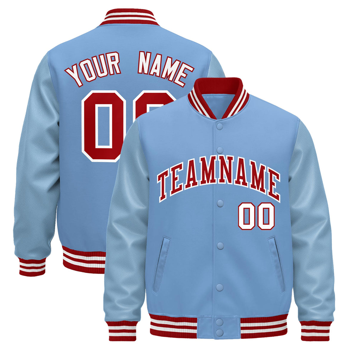 Custom Powder Blue Red White Jacket - Classic Style Leather Sleeves Wrinkle-Resistant