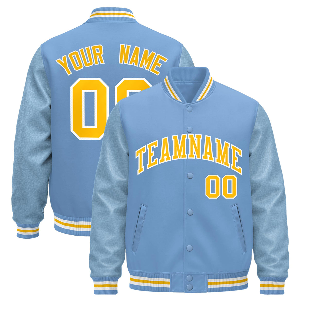 Custom Powder Blue Yellow White Jacket - Classic Style Leather Sleeves Wrinkle-Resistant