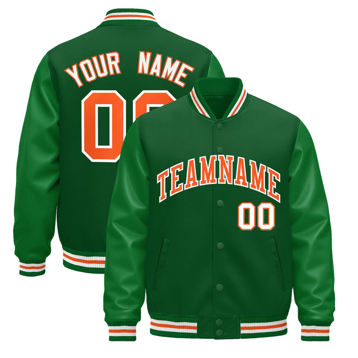 Custom Kelly Green White Orange Jacket - Classic Style Leather Sleeves Wrinkle-Resistant