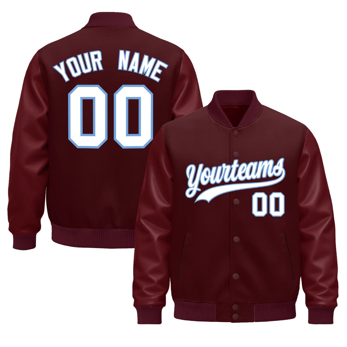 Custom Burgundy Light Blue Jacket - Classic Style Leather Sleeves Wrinkle-Resistant