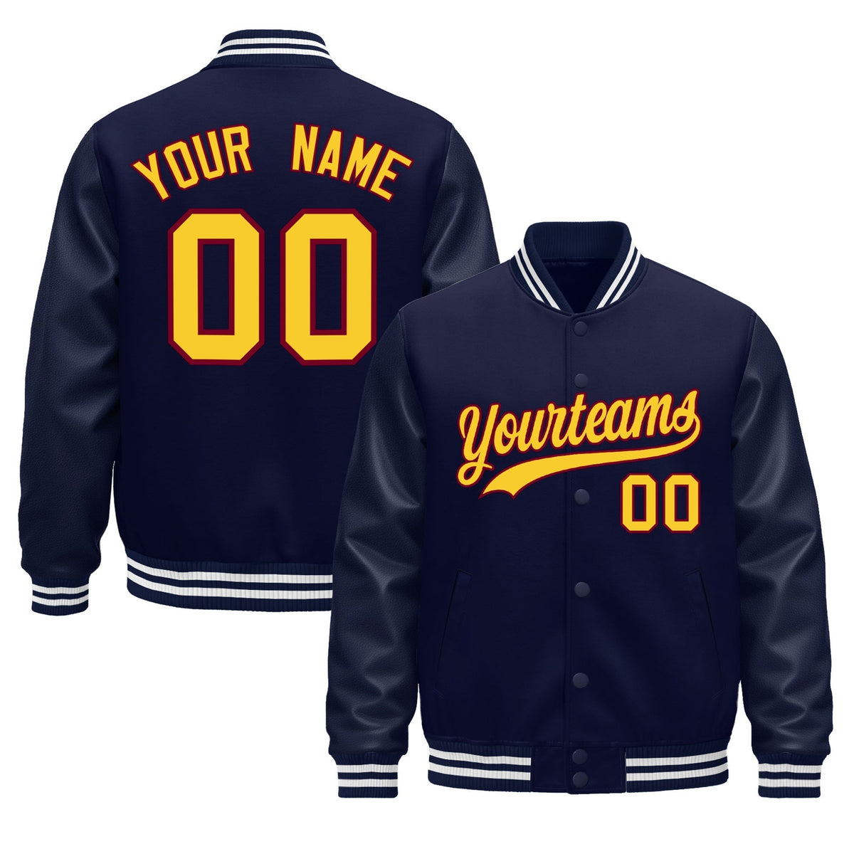 Custom Navy Burgundy Jacket - Classic Style Leather Sleeves Wrinkle-Resistant