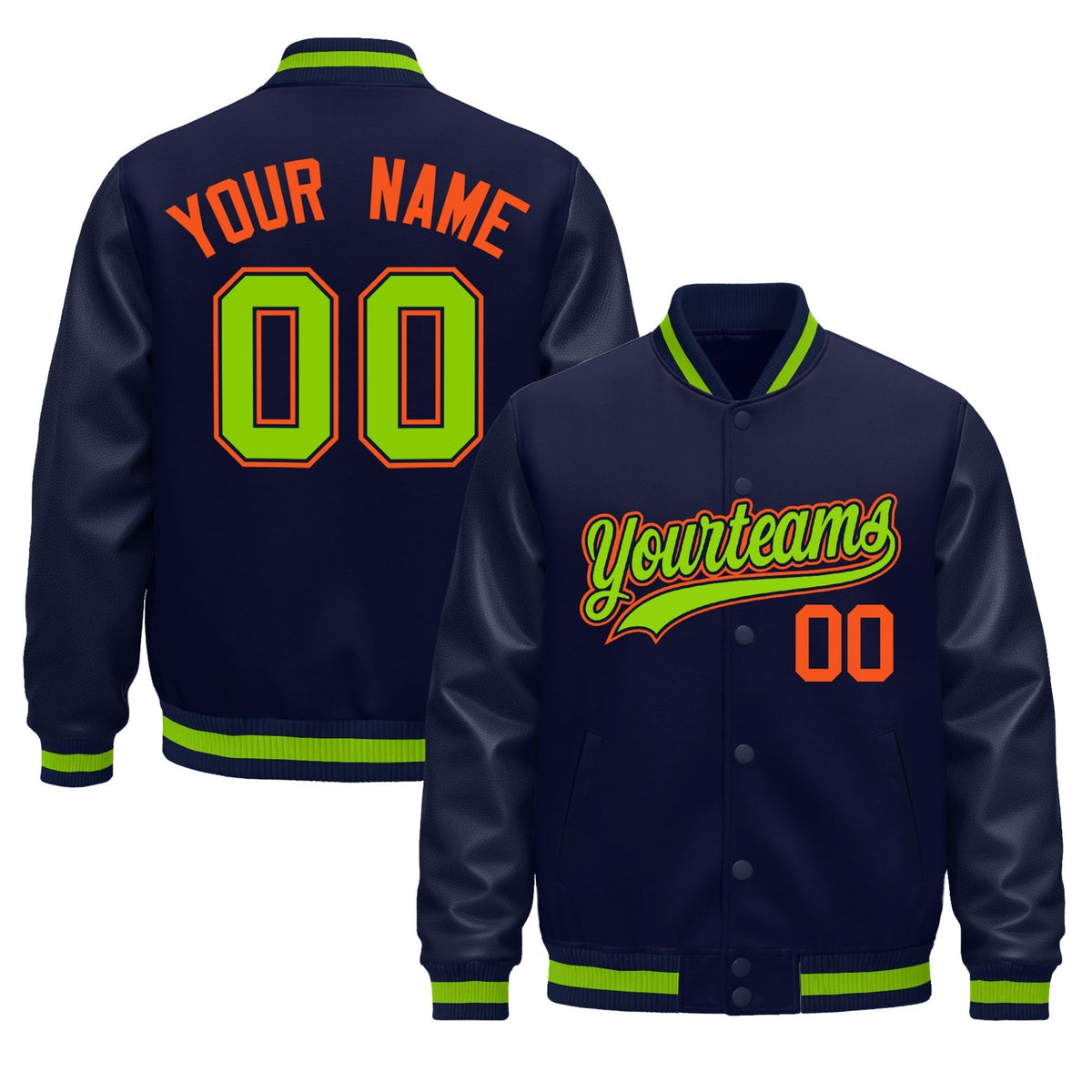 Custom Navy Orange Jacket - Classic Style Leather Sleeves Wrinkle-Resistant