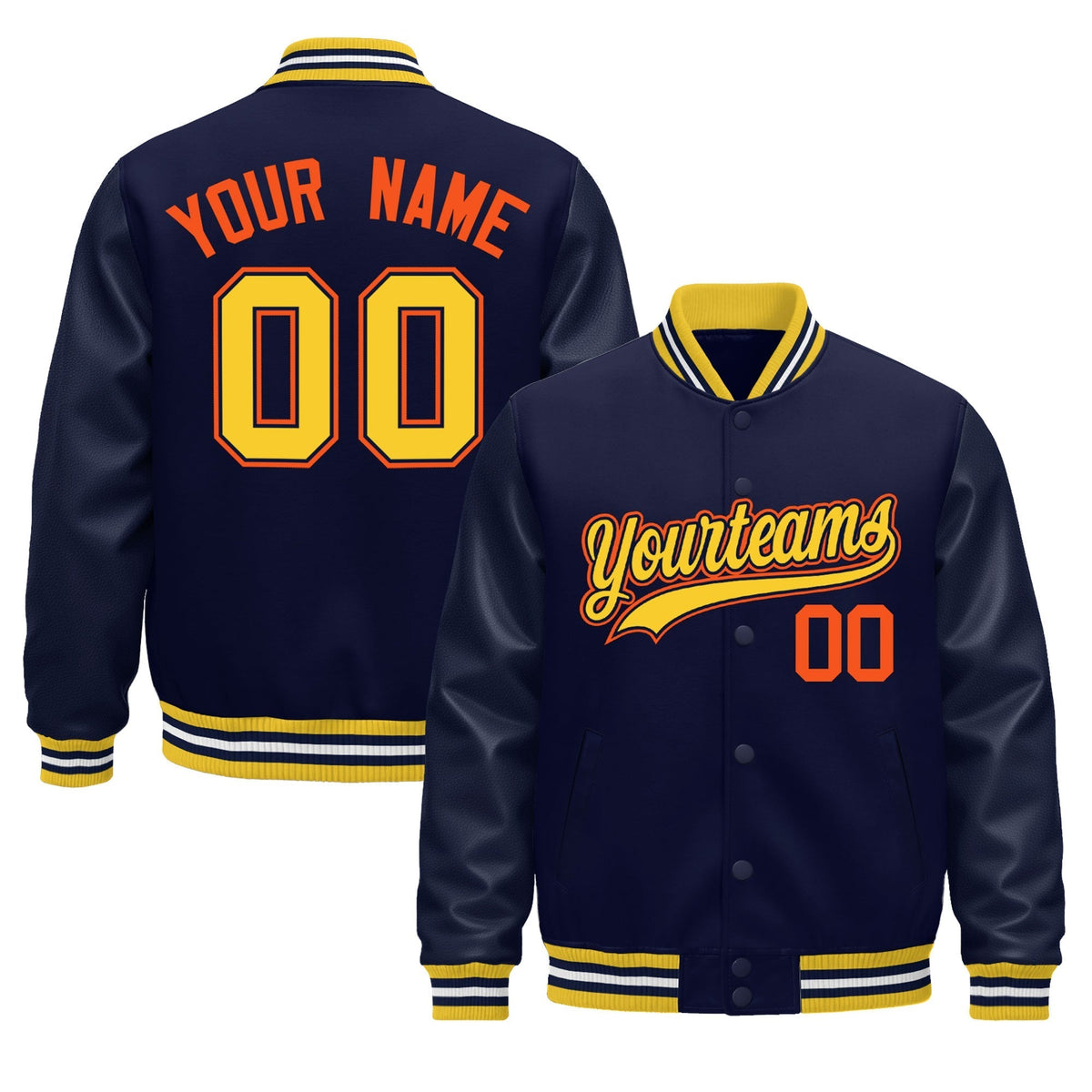Custom Navy yellow Jacket - Classic Style Leather Sleeves Wrinkle-Resistant