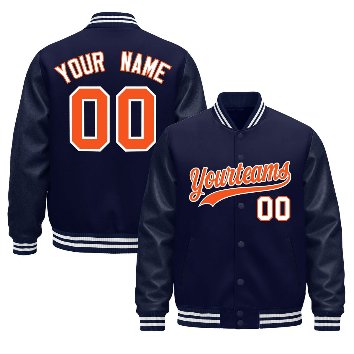 Custom Navy Orange Jacket - Classic Style Leather Sleeves Wrinkle-Resistant