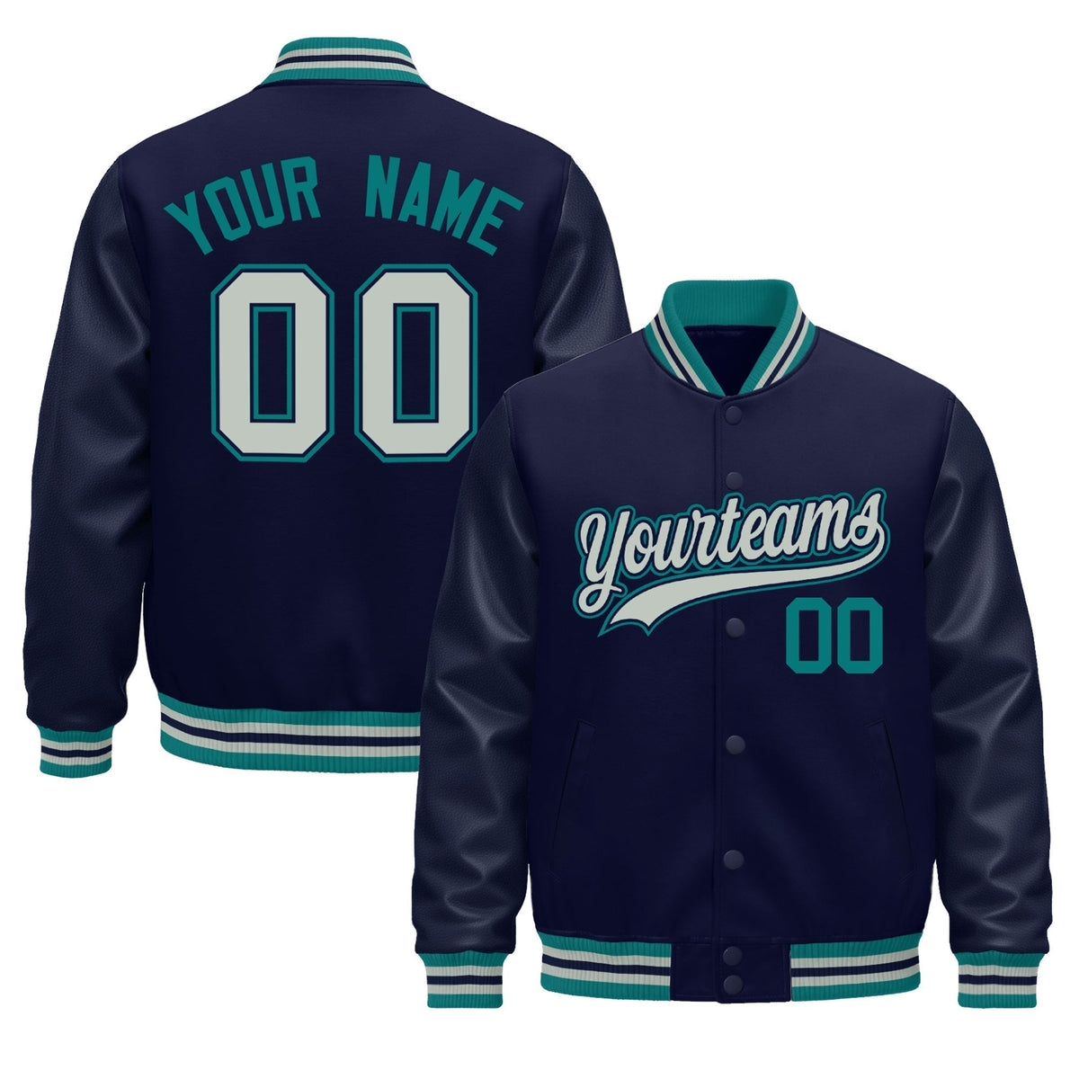 Custom Navy Teal Gray Jacket - Classic Style Leather Sleeves Wrinkle-Resistant