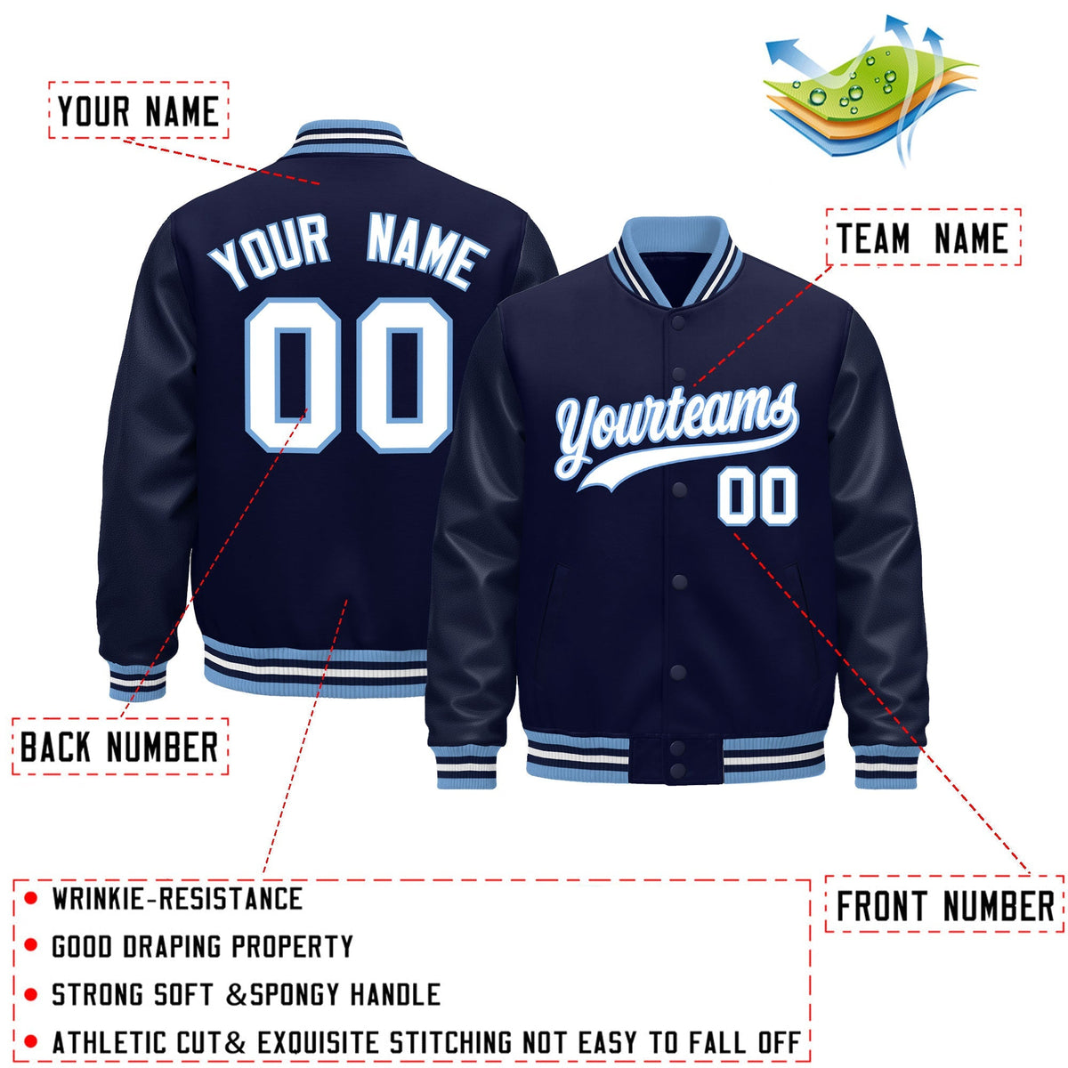 Custom Navy White Light Blue Classic Style Leather Sleeves Wrinkle-Resistant Jacket| KXKSHOP