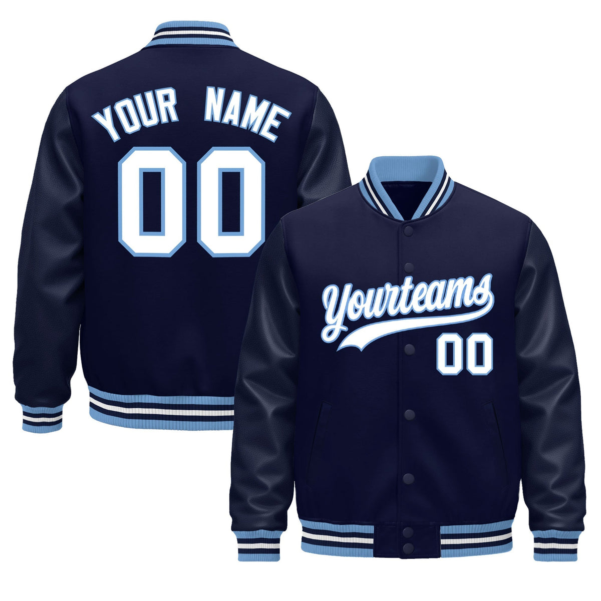Custom Navy White Light Blue Jacket - Classic Style Leather Sleeves Wrinkle-Resistant
