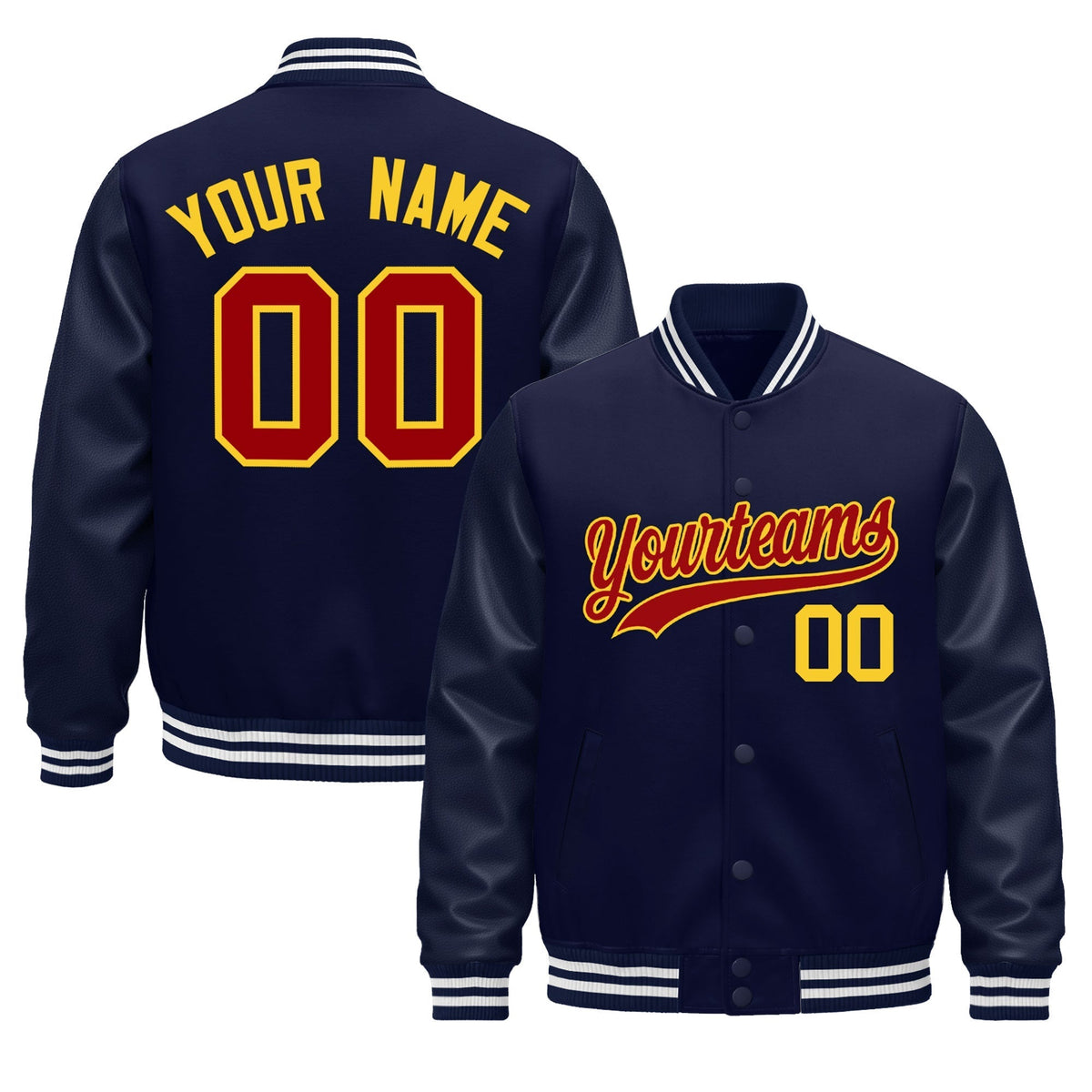 Custom Navy White Jacket - Classic Style Leather Sleeves Wrinkle-Resistant