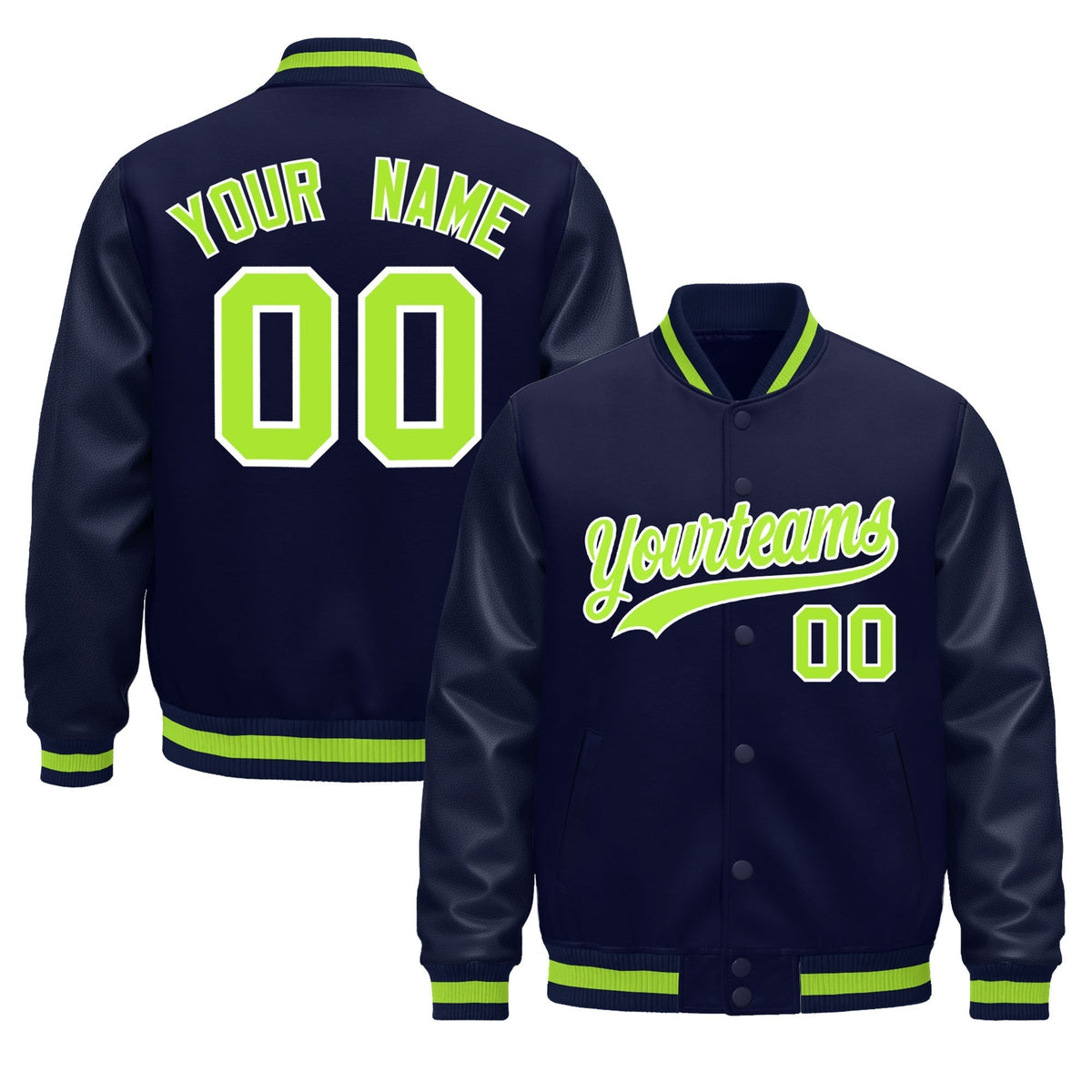 Custom Navy Neon Green Jacket - Classic Style Leather Sleeves Wrinkle-Resistant