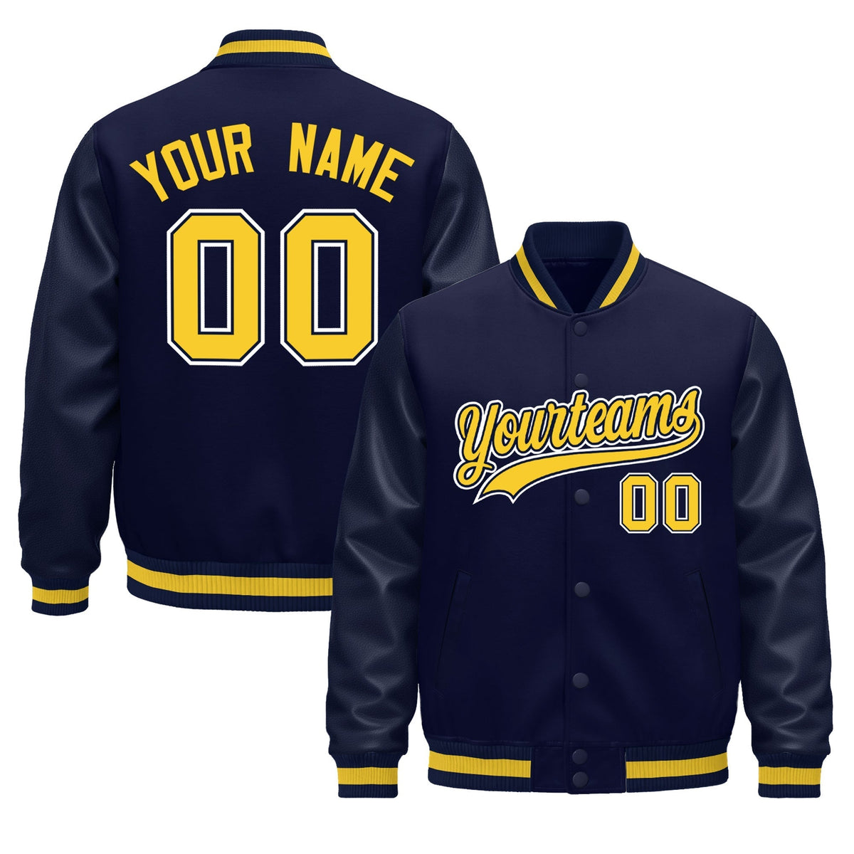 Custom Navy Gold Jacket - Classic Style Leather Sleeves Wrinkle-Resistant