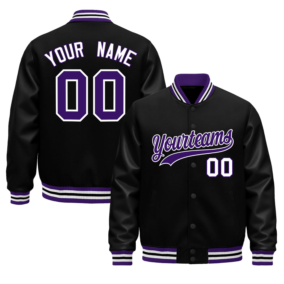 Custom Black Purple White Jacket - Classic Style Leather Sleeves Wrinkle-Resistant