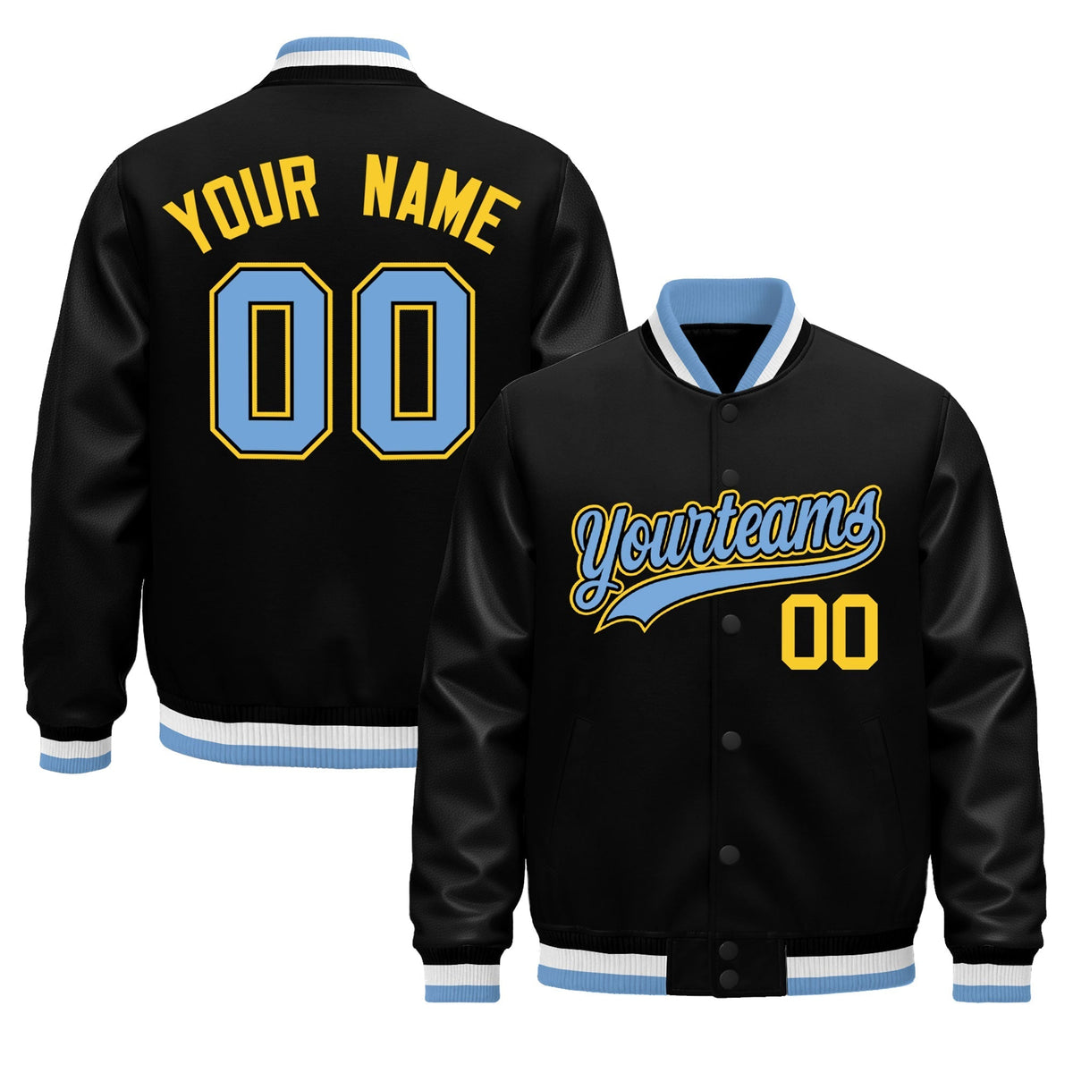 Custom Black Light Blue White Jacket - Classic Style Leather Sleeves Wrinkle-Resistant