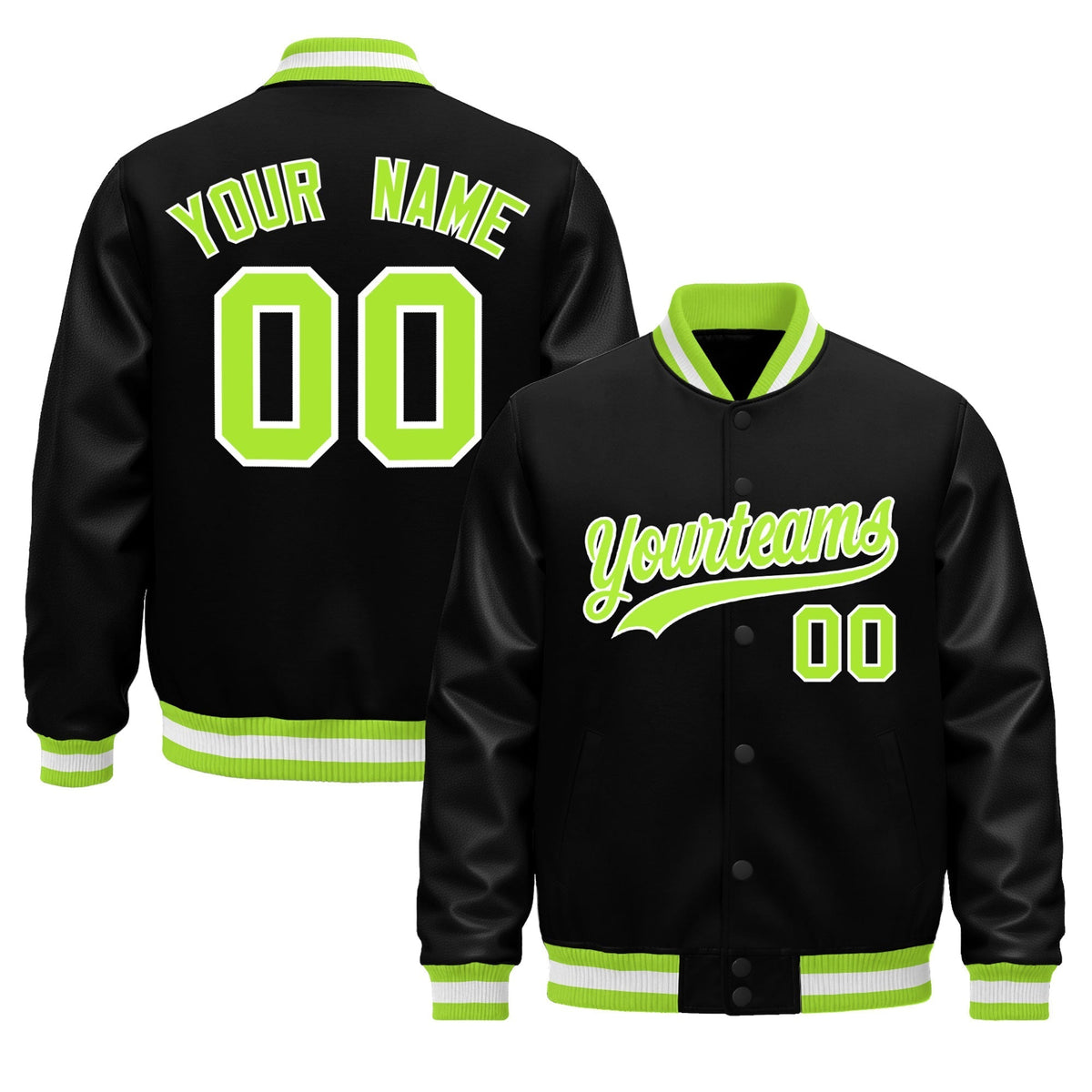 Custom Black Neon Green White Jacket - Classic Style Leather Sleeves Wrinkle-Resistant