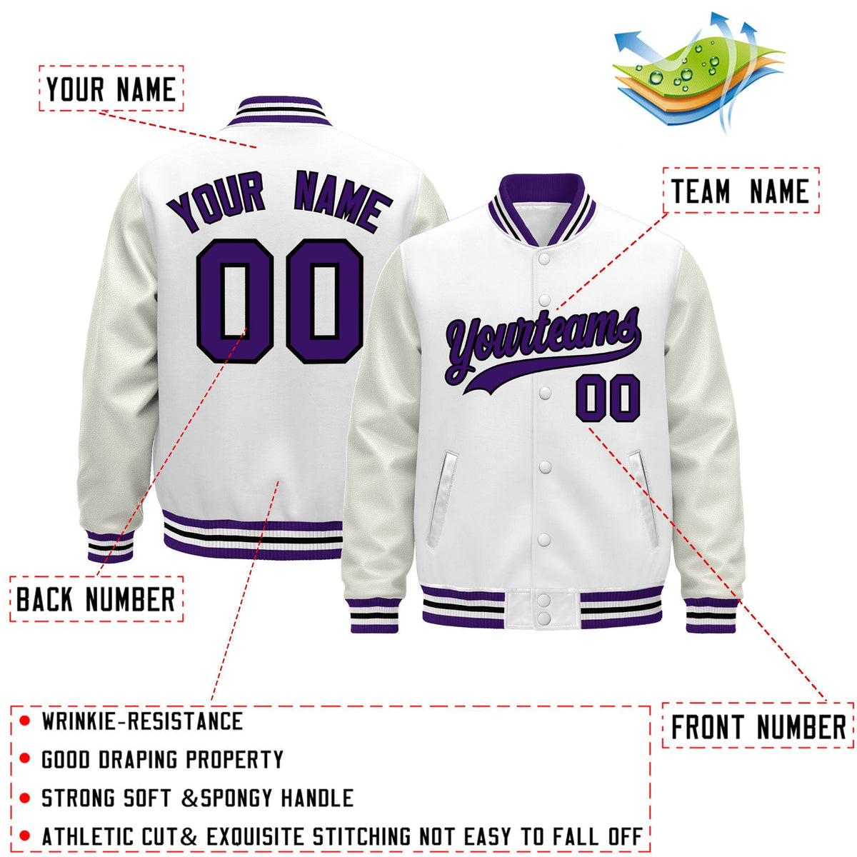 Custom White Purple Black Classic Style Leather Sleeves Wrinkle-Resistant Jacket| KXKSHOP