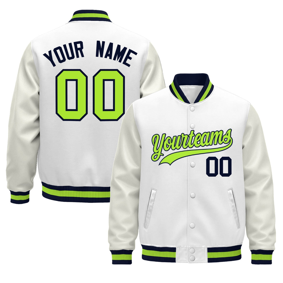 Custom White Navy Neon Green Jacket - Classic Style Leather Sleeves Wrinkle-Resistant