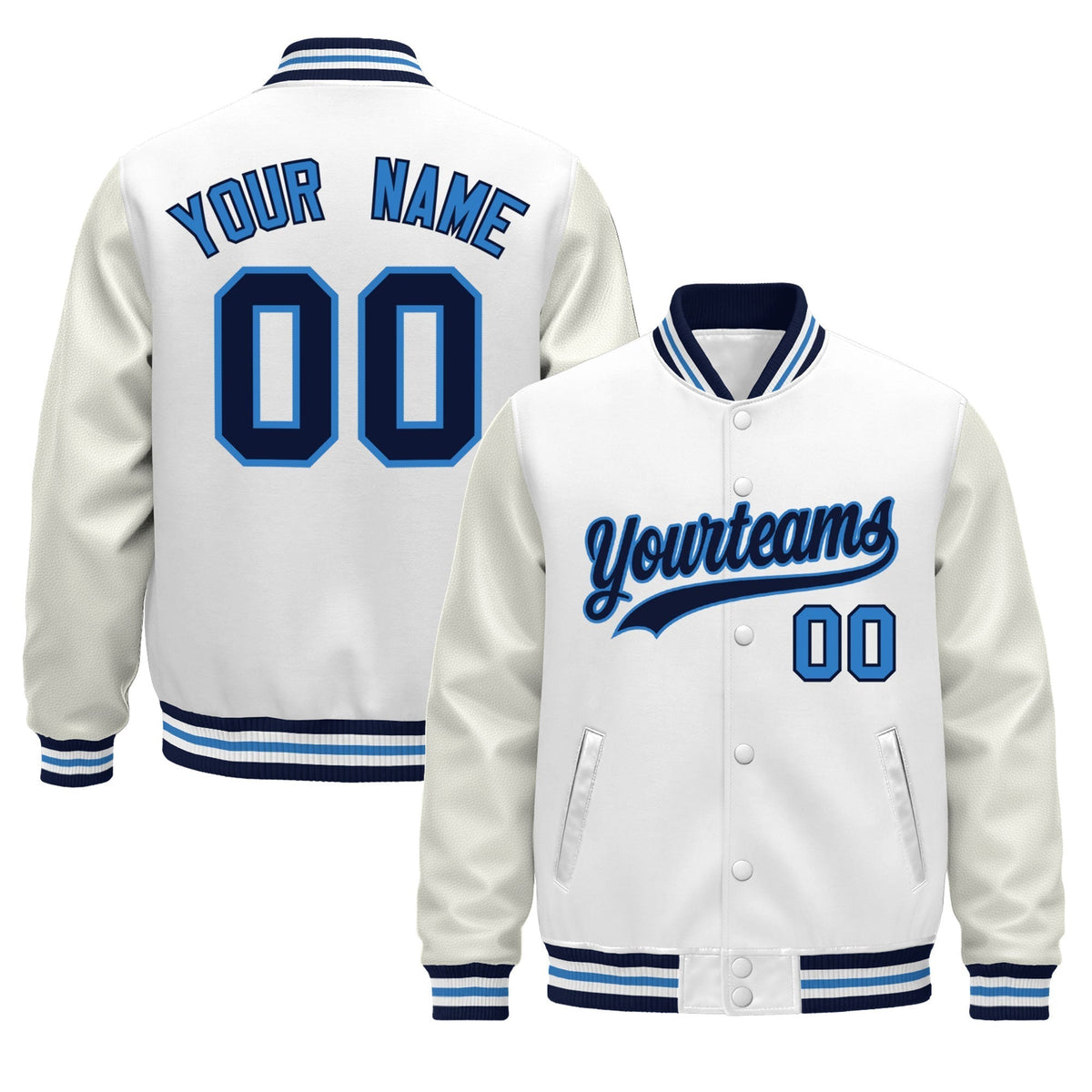 Custom White Navy Powder Blue Jacket - Classic Style Leather Sleeves Wrinkle-Resistant