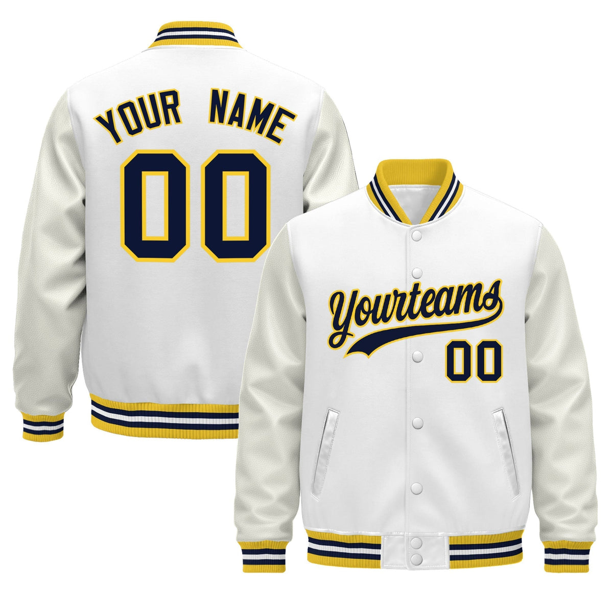 Custom White Gold Navy Jacket - Classic Style Leather Sleeves Wrinkle-Resistant