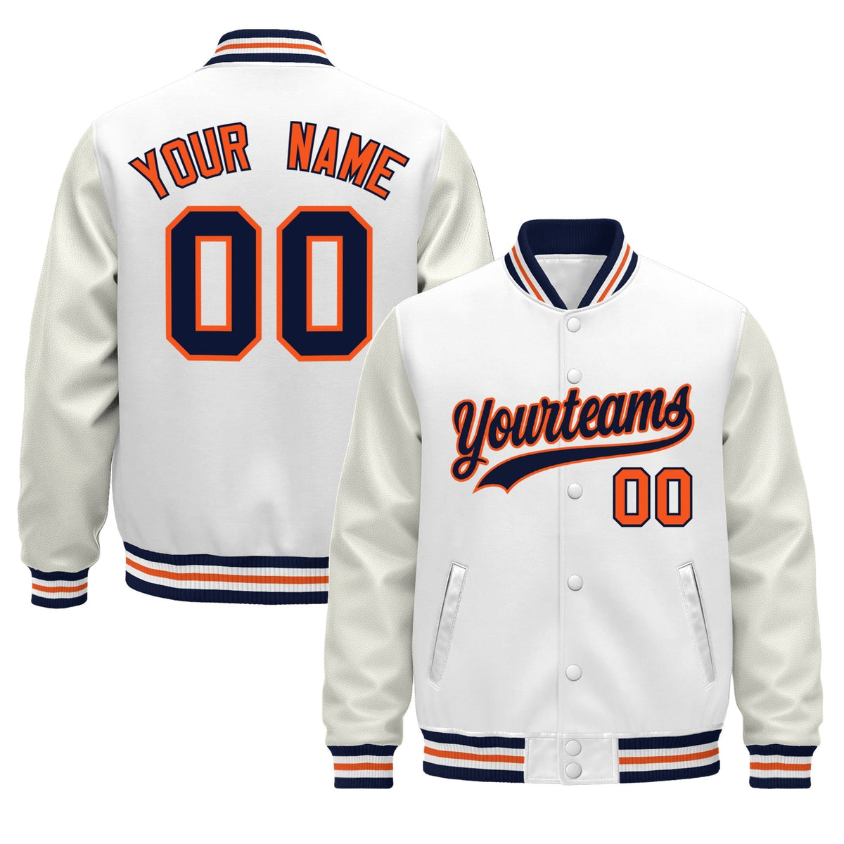 Custom White Navy Orange Jacket - Classic Style Leather Sleeves Wrinkle-Resistant