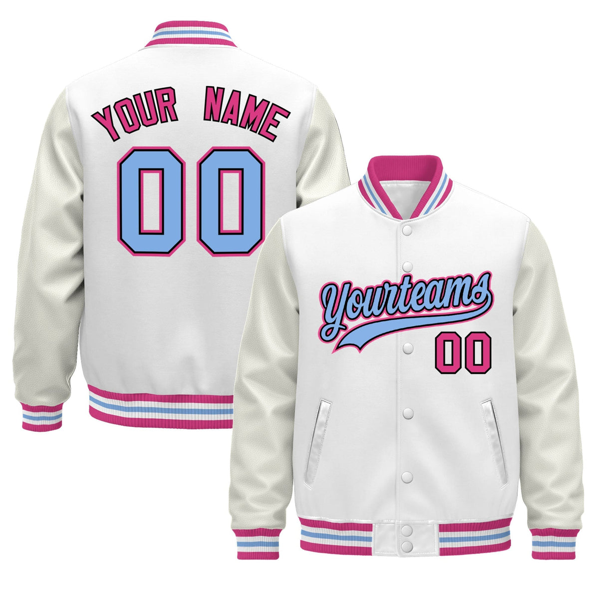 Custom White Pink Light Blue Jacket - Classic Style Leather Sleeves Wrinkle-Resistant