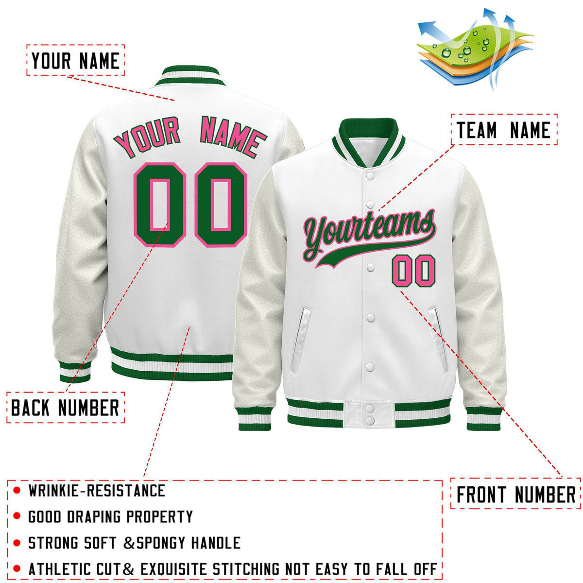 Custom White Kelly Green Classic Style Leather Sleeves Wrinkle-Resistant Jacket| KXKSHOP