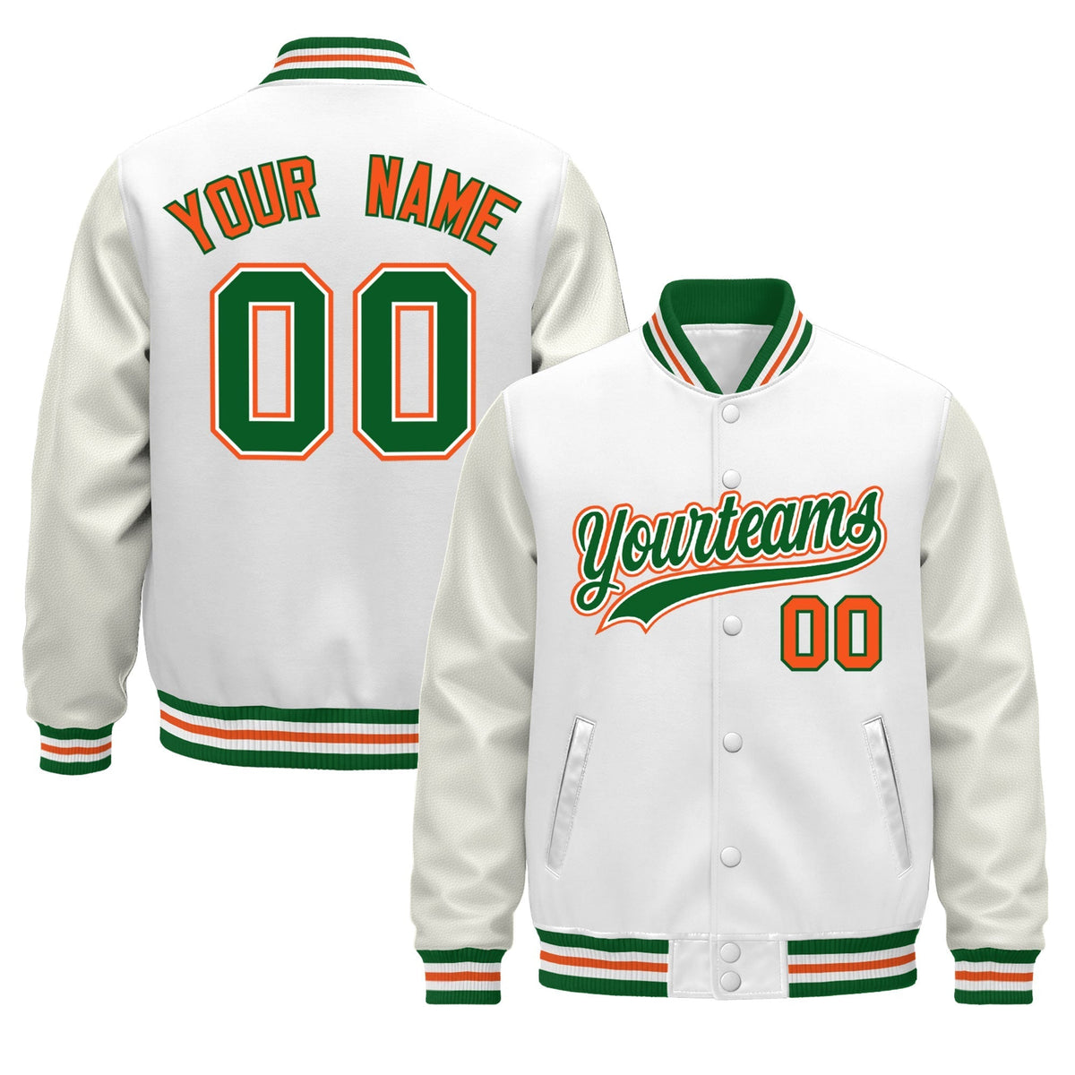 Custom White Kelly Green Orange Jacket - Classic Style Leather Sleeves Wrinkle-Resistant