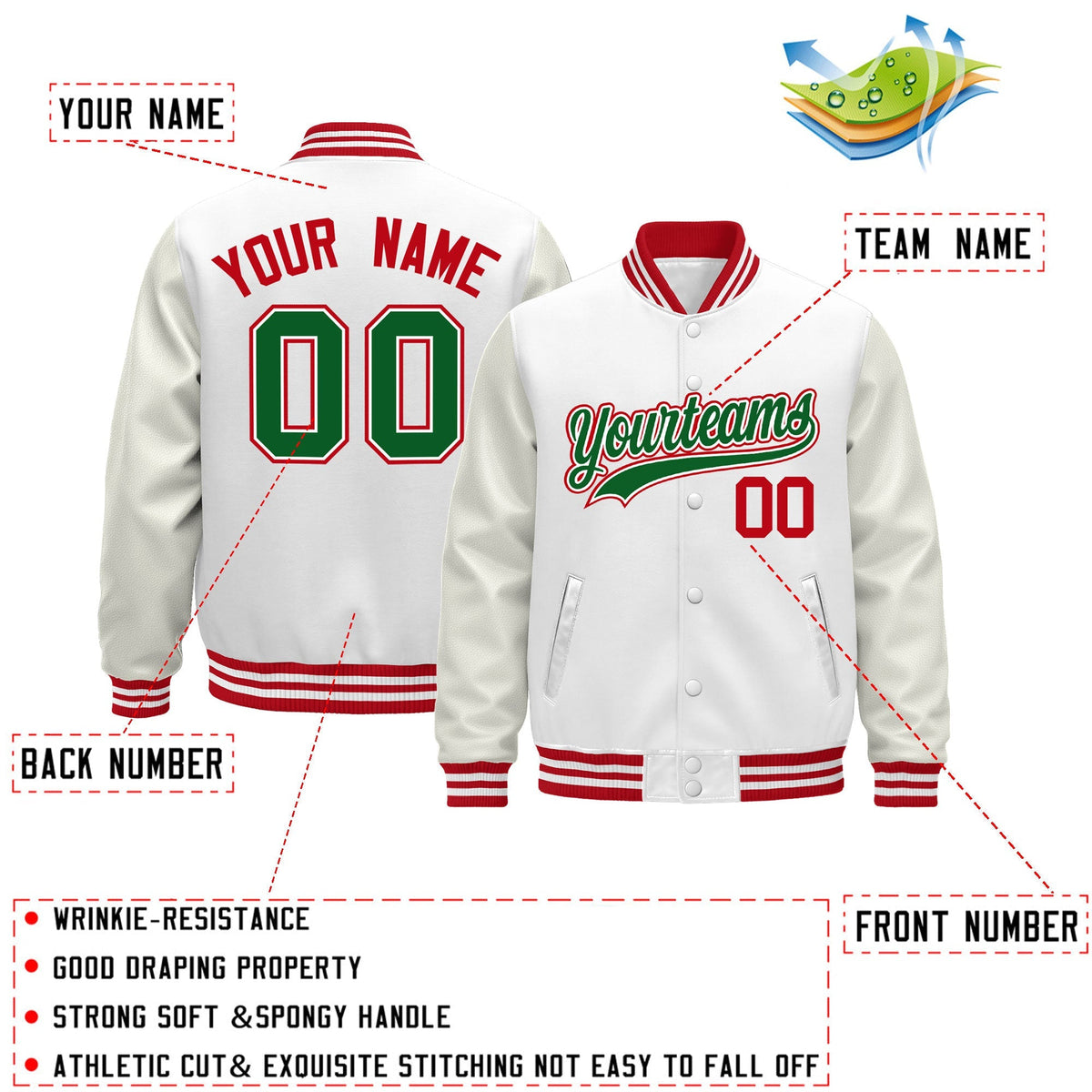 Custom White Red Classic Style Leather Sleeves Wrinkle-Resistant Jacket| KXKSHOP
