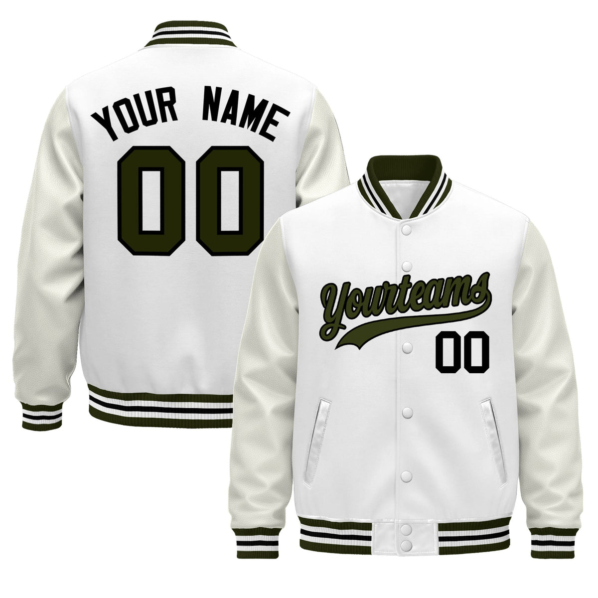 Custom White Olive Black Jacket - Classic Style Leather Sleeves Wrinkle-Resistant