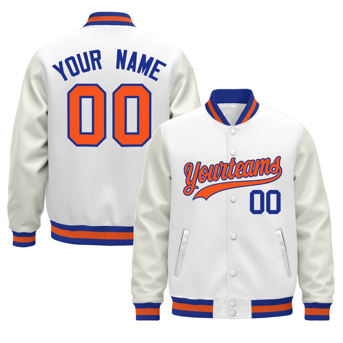 Custom White Royal Blue Orange Jacket - Classic Style Leather Sleeves Wrinkle-Resistant