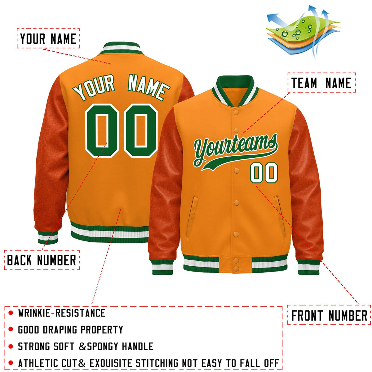 Custom Orange Kelly Green White Classic Style Leather Sleeves Wrinkle-Resistant Jacket| KXKSHOP