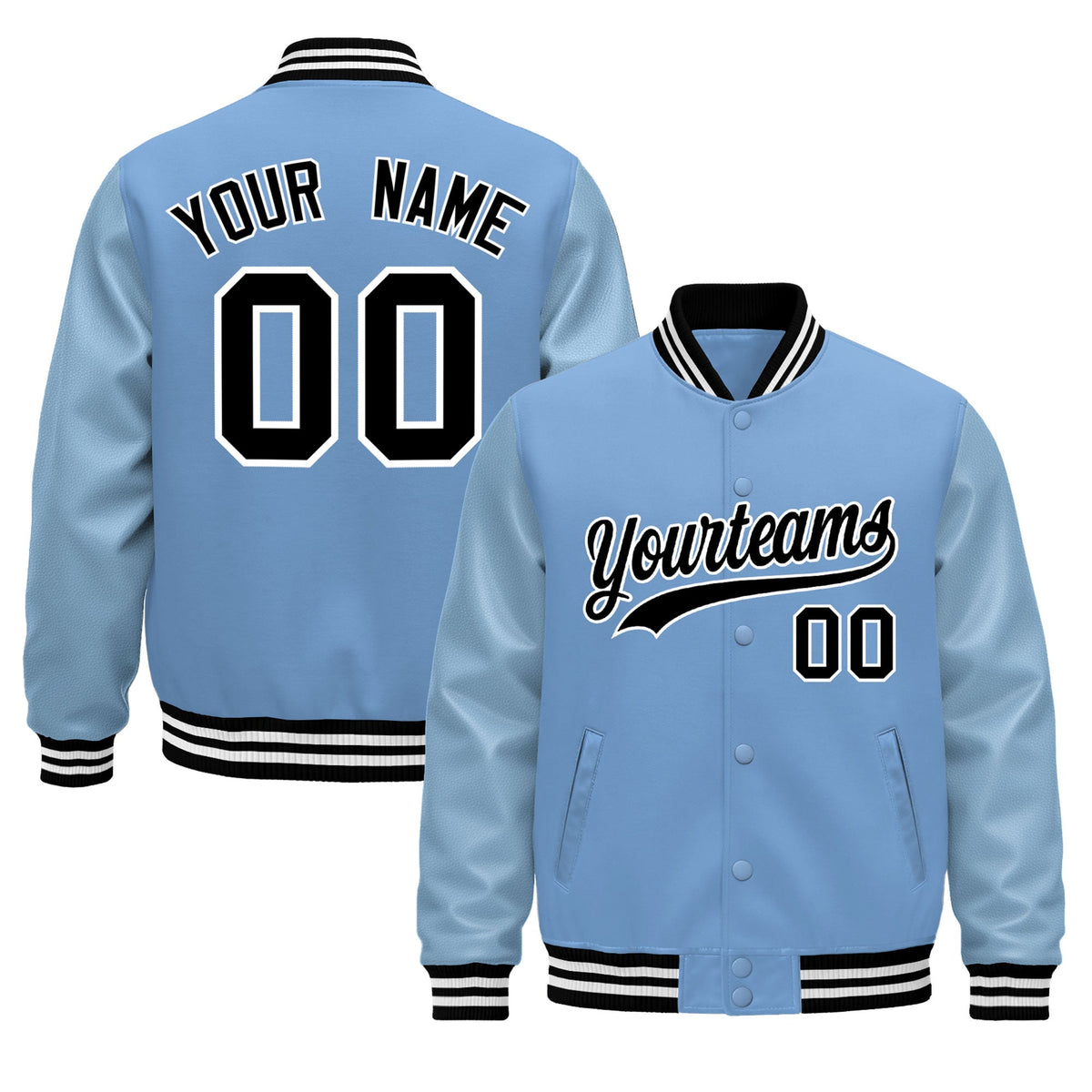 Custom Powder Blue Black White Jacket - Classic Style Leather Sleeves Wrinkle-Resistant
