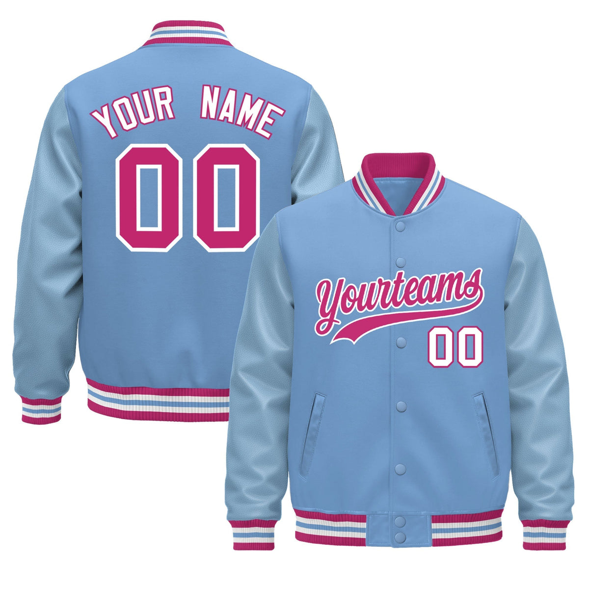 Custom Powder Blue Pink White Jacket - Classic Style Leather Sleeves Wrinkle-Resistant