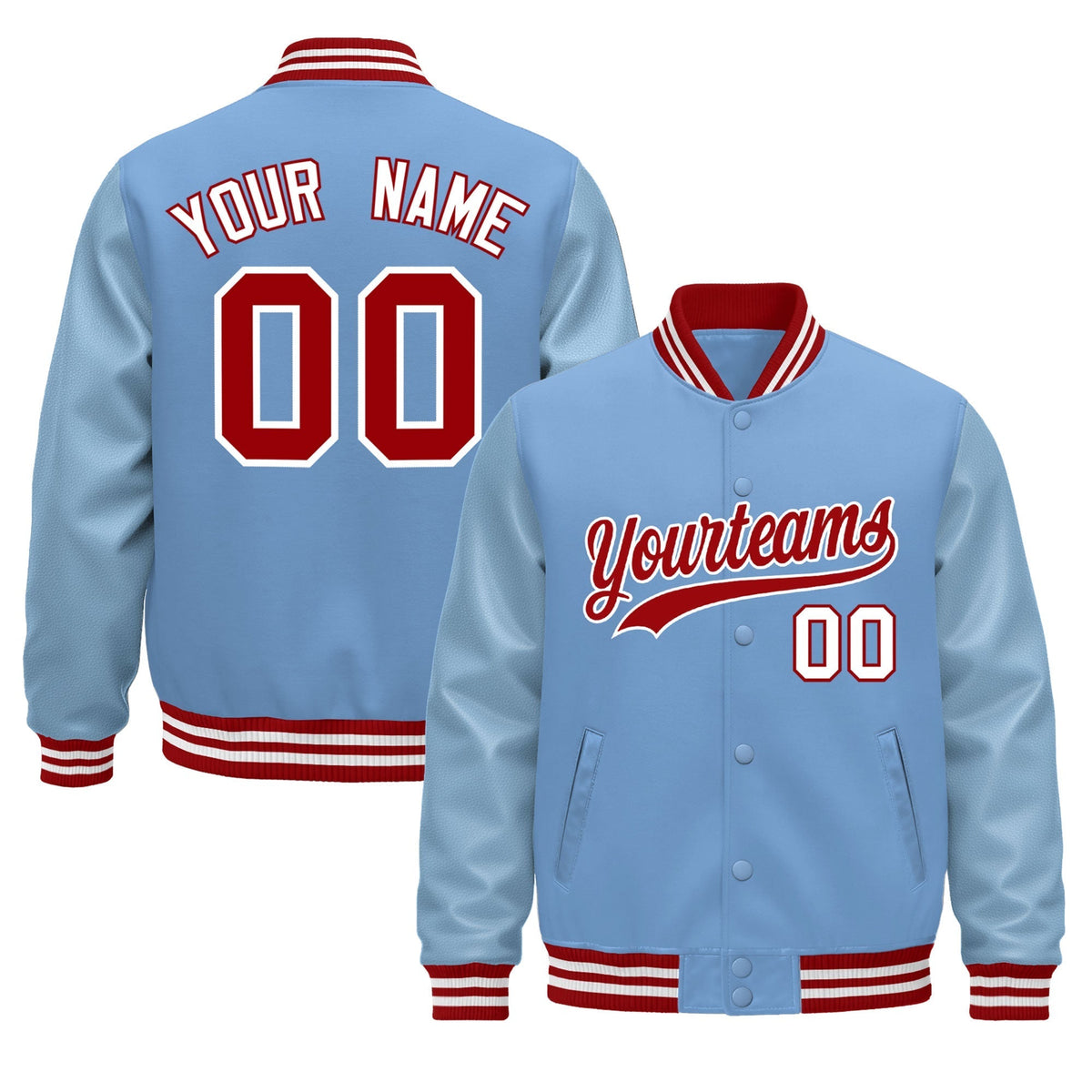 Custom Powder Blue Red White Jacket - Classic Style Leather Sleeves Wrinkle-Resistant