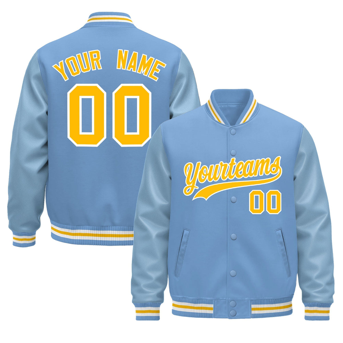Custom Powder Blue Yellow White Jacket - Classic Style Leather Sleeves Wrinkle-Resistant