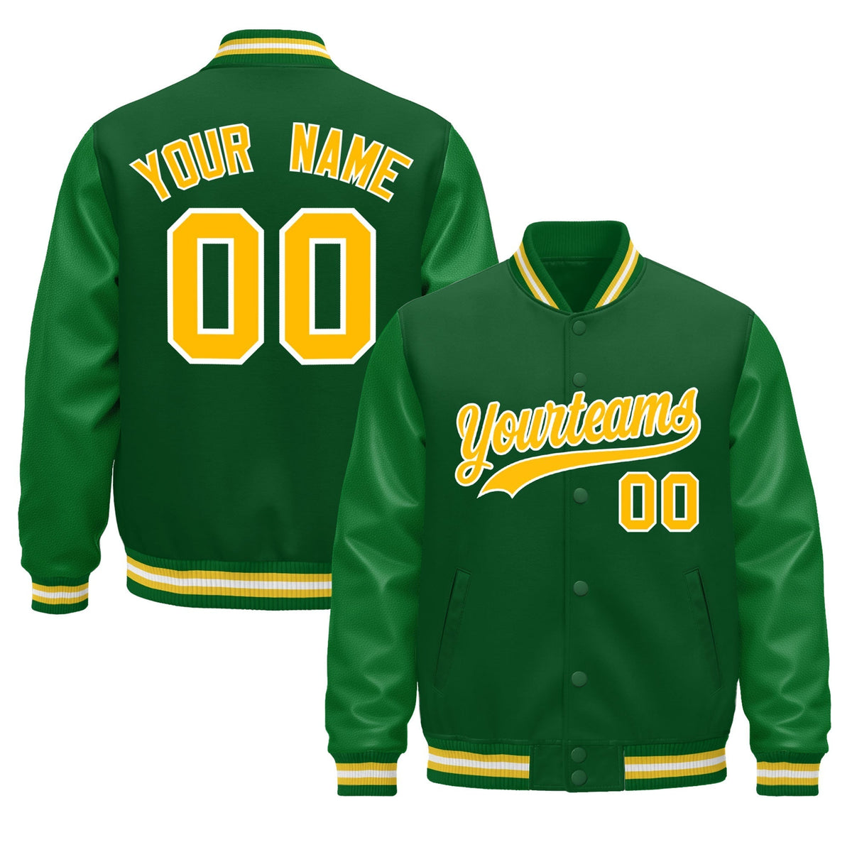 Custom Kelly Green Gold White Jacket - Classic Style Leather Sleeves Wrinkle-Resistant
