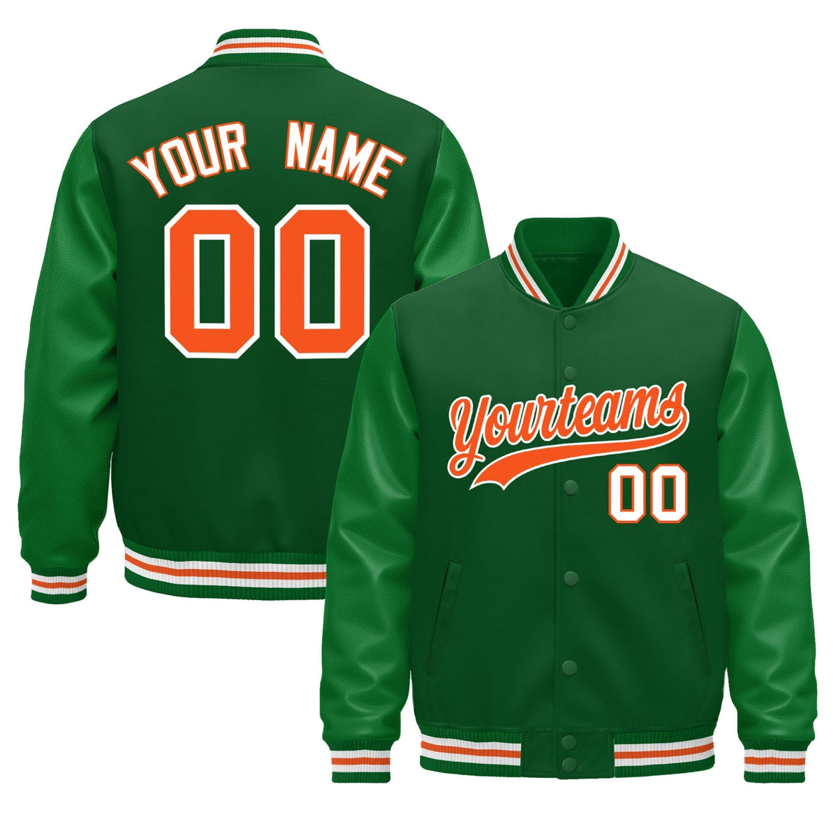 Custom Kelly Green White Orange Jacket - Classic Style Leather Sleeves Wrinkle-Resistant