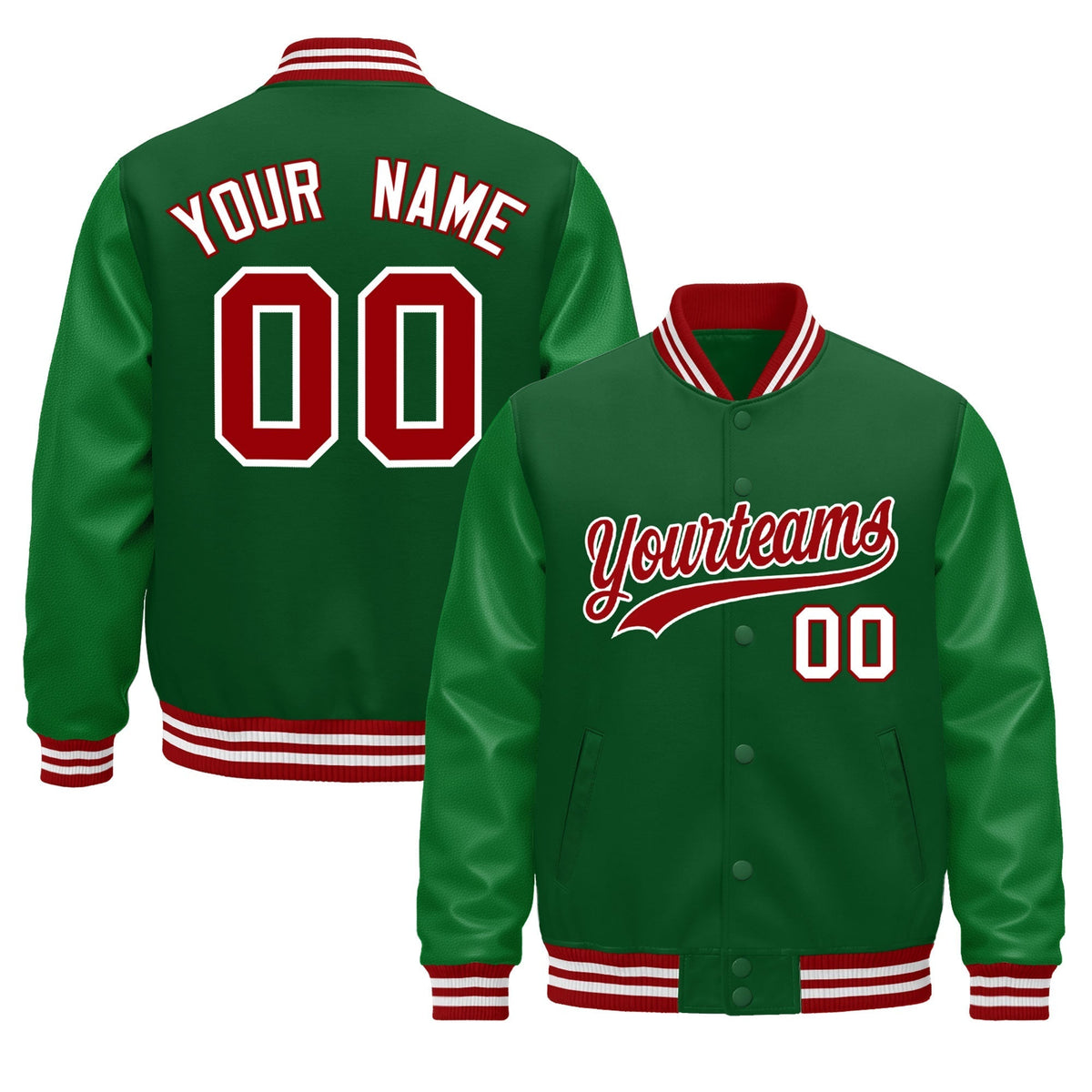 Custom Kelly Green Red White Jacket - Classic Style Leather Sleeves Wrinkle-Resistant