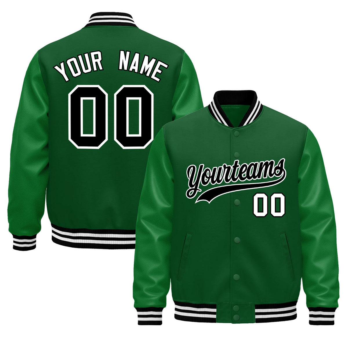 Custom Kelly Green Black White Jacket - Classic Style Leather Sleeves Wrinkle-Resistant