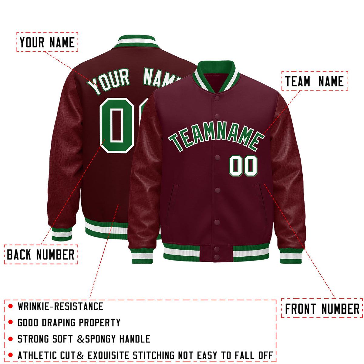 Custom Burgundy White Classic Style Leather Sleeves Wrinkle-Resistant Jacket| KXKSHOP