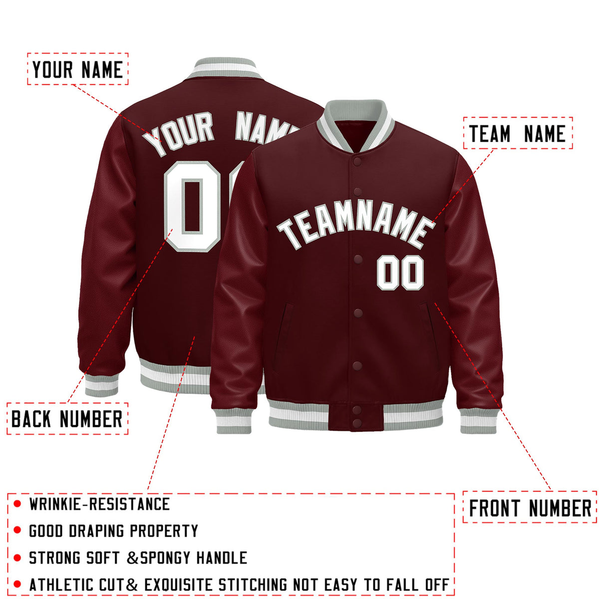 Custom Burgundy White Classic Style Leather Sleeves Wrinkle-Resistant Jacket| KXKSHOP