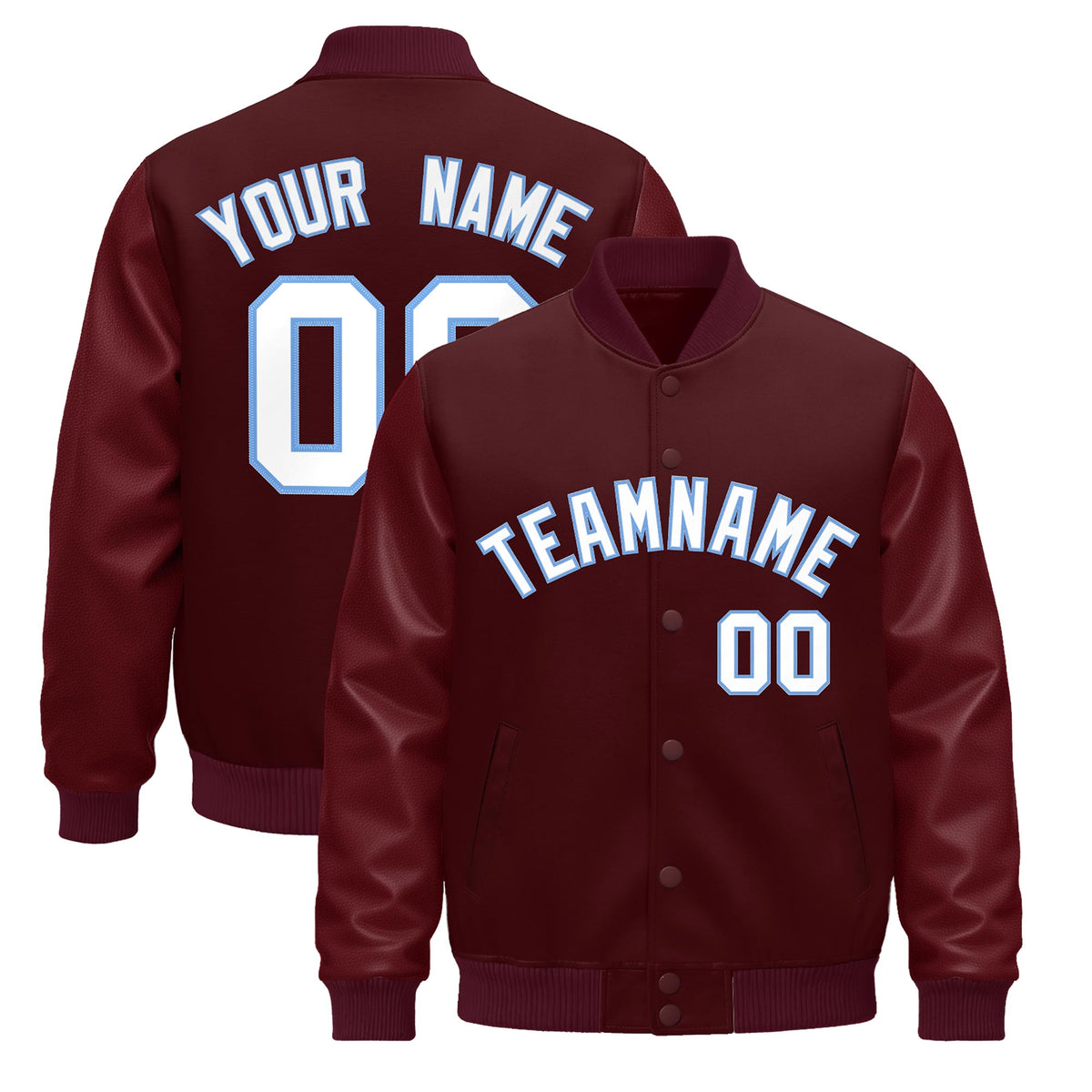 Custom Burgundy Light Blue Jacket - Classic Style Leather Sleeves Wrinkle-Resistant