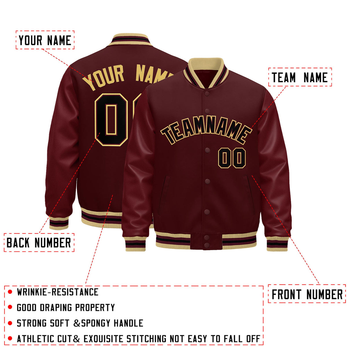 Custom Burgundy White Classic Style Leather Sleeves Wrinkle-Resistant Jacket| KXKSHOP
