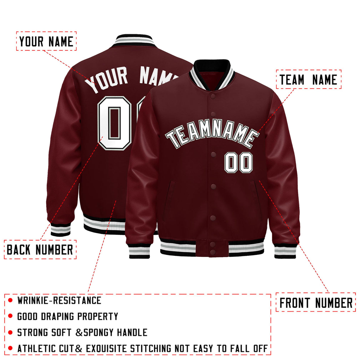 Custom Burgundy White Classic Style Leather Sleeves Wrinkle-Resistant Jacket| KXKSHOP